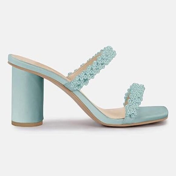 WOMENS CHUNKY HEELED SANDALS IN LIGHT BLUE WITH PEARLS SIZE 6M NEW IN BOX - Picture 1 of 4